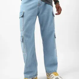 Bewakoof Blue Cotton Baggy Fit Solid Jeans-picture-5