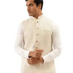 Manyavar Beige Self Design Ethnic Waistcoat-image-7