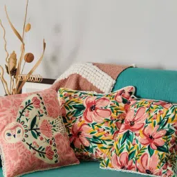 Chumbak Woodland Wonders Floral Pink Cotton Cushion Covers (Set of 3)-5