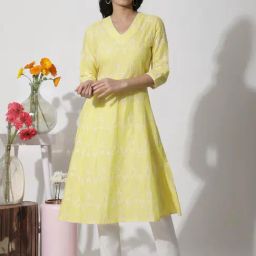 W Yellow Cotton Embroidered A Line Kurta-picture-22