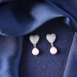 Clara 925 Silver Platinum Plated Swiss Zirconia Nazy Pink Pearl Heart Earrings for Women-31