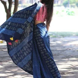 Chidiyaa Blue Block Printed Cotton Mul Saree image 2