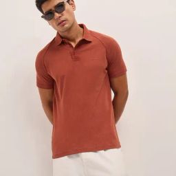The Bear House Rust Cotton Regular Fit Solid Polo T-Shirt-image-36