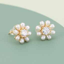 Kushal's Fashion Jewellery Gold-Plated Zircon Studded & Pearls Beaded Floral Studs-44