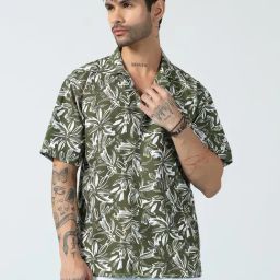 Tahvo Army Green Cotton Regular Fit Floral Print Shirt-7