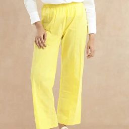RAREISM Yellow Cotton Solid Trousers-image-45