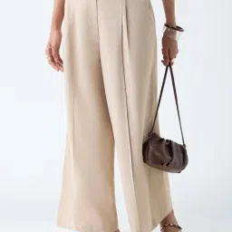 LOV by Westside Beige Solid High-Rise Cotton-Blend Trousers-picture-2