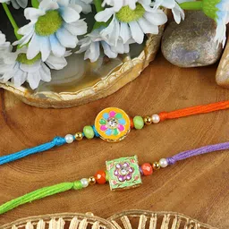 Asthetika Set Of 2 Artificial Stones Studded & Beaded Thread Rakhis With Roli Chawal-13