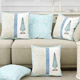BLOCKS OF INDIA Blue & White Set of 5 Ethnic Motifs Square Cushion Covers-image-87
