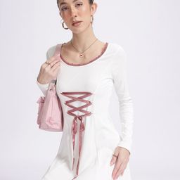 glitchez Tie-Up Chic Ribbed Lace Insert Detail Mini A-Line Dress-image-35