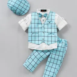 Robo Fry 3 Piece Full Sleeves Checked Party Suit With Bow & Cap - Blue-image-27