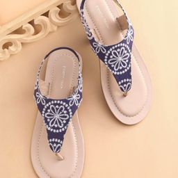 Earthy Touch Premium Slip On Ethnic Wear Sandals With Thread Work Detailing- Blue-image-62