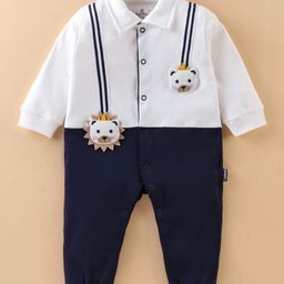 Child World Interlock Cotton Knit Full Sleeves Party Rompers with Bow & Bear Applique - Navy Blue-image-51