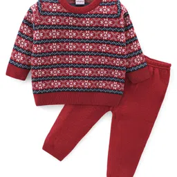 Babyhug Knitted Full Sleeves Sweater With Floral Print - Red-picture-32