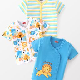 Babyhug 100% Cotton Knit Half Sleeves Vests Lion Print Pack of 3 - Multicolour-image-69