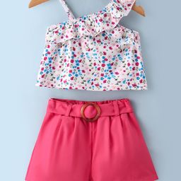 Kookie Kids One Shoulder Sleeves Top & Shorts Set Floral Print - White & Pink-image-16