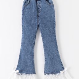 Kookie Kids Full Length Solid Colour & Lace Detailing Denim Jeans - Blue-image-70