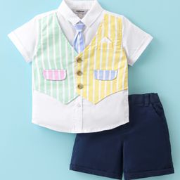 ToffyHouse 100% Cotton Woven Half Sleeves Shirt & Shorts Set with Attached Striped Waist Coat & Tie - White & Navy Blue-image-41