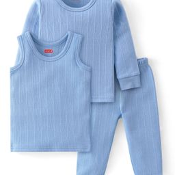 Babyhug Full Sleeves Solid Thermal Vests & Pant Set of 3 - Blue-image-68