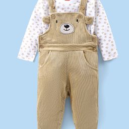 Babyhug Single Jersey Knit Dungaree With Full Sleeves T-Shirt Paw Print & Applique - White & Beige-image-86