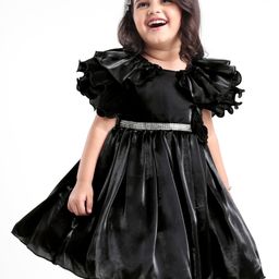 Babyhug Fill Sleeves   Fit &  Flare Party Frock with Floral Applique - Black-image-24