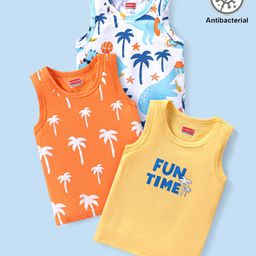 Babyhug 100% Cotton Knit Antibacterial Vests with Palm Tree Print Pack of 3 - Multicolor-image-28