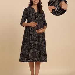 CRAFIQA Three Fourth Sleeves Abstract Printed Maternity Dress With Concealed Zipper Nursing Access - Black-picture-8