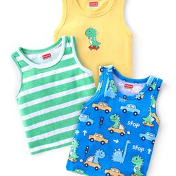 Babyhug 100% Cotton Knit Sleeveless Antibacterial Sando With Dino Print Pack of 3 - Multicolor-image-28