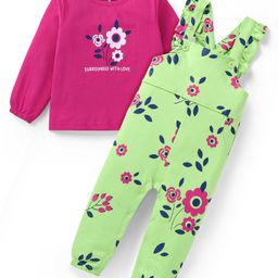 Doodle Poodle 100% Cotton Knit Full Sleeves Floral Printed T-Shirt & Full Length Dungaree - Light Green & Dark Pink-image-21