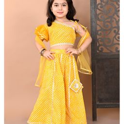 Superminis Cotton One Shoulder Lehariya Printed Lehenga Choli And Net Dupatta Set - Yellow-picture-2