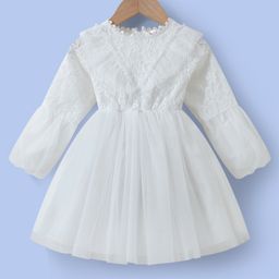 Kookie Kids Full Sleeves Party Frock with Lace & Frill Detailing - White-image-87