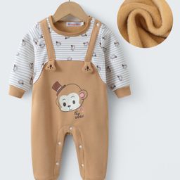 Kookie Kids Full Sleeves Striped & Monkey Printed Romper - Light Brown-image-63