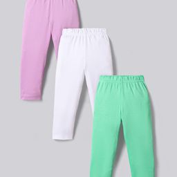 Bonfino 100% Cotton Knit Solid Leggings Pack of 3 - White Green & Lavender-image-63