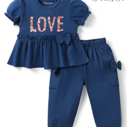 Babyoye Eco Conscious 100% Cotton Knit With Eco Jiva Finish Half Puffed Sleeves Top & Lounge Pant Set With Floral Print & Bow Applique - Navy Blue-picture-45