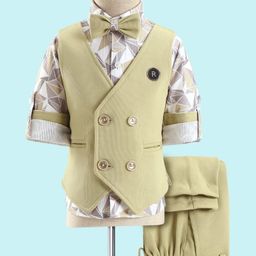 Rikidoos Full Sleeves Abstract Printed Shirt With Solid Waistcoat Pant & Bow Set - Multi Colour & Pista Green-image-58