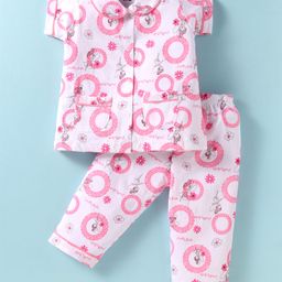 Evimo Single Jersey Knit Half Sleeves Night Suit with Peter Pan Collar & Floral Princess Print - Pink & White-image-26