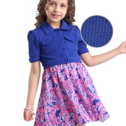 Hola Bonita WovenHalf Sleeves Jacket In Textured Fabric & Frock with Leaves Print - Royal Blue-image-85
