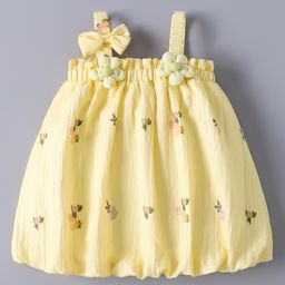 Mark & Mia Sleeveless Floral Printed Frock with Bow & Floral Applique - Yellow-image-10
