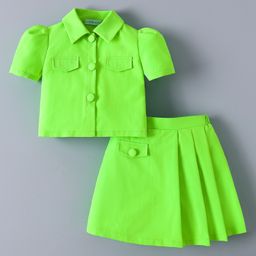 Mark & Mia Half Sleeves Solid Color Collared Top & Pleated Skirt Set - Neon Green-image-69