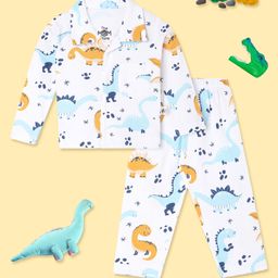 The Mom Store Cotton Knit Full Sleeves Dinosaur Printed Coordinating Night Suit Set - White-image-10