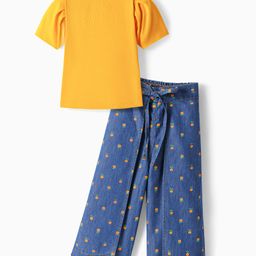 Ollington St. Cotton Half Sleeves Top & Denim Floral Printed Culotte Set - Yellow & Indigo-image-54