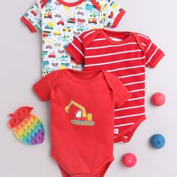 BUMZEE Cotton Woven Half Sleeves Striped & Vehicle Printed Onesies Pack of 3 - Red & White-image-39