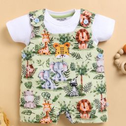 Wonderchild Animals Printed Romper With Half Sleeves Solid Tee - White & Printed Chord-picture-3