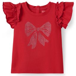 Babyhug 100% Cotton Knit Frill Sleeves Top with Rhinestone Detailing - Red-image-46