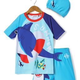 Mark & Mia Half Raglan Sleeves Two Piece Swimsuit With Fish Print & Cap - Blue-image-48