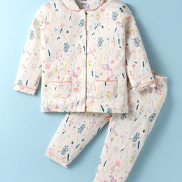 CUCUMBER Sinker Knit Full Sleeves Co-ords Night Suit With Floral Print - Cream-image-81