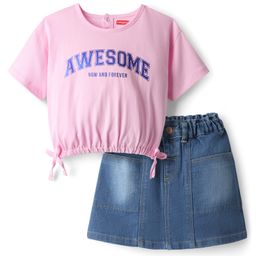 Babyhug Single Jersey Knit Half Sleeves Top & Denim Skirt Set with Text Print - Pink & Blue-image-63