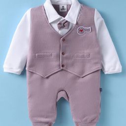 Mini Taurus Interlock Knit Full Sleeves Striped Party Romper With Patch Detailing & Bow Applique - Lilac-image-79