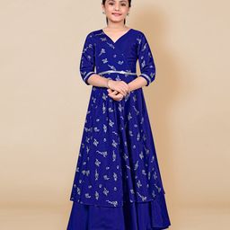 Fashion Dream Cotton Blend Woven Three Fourth Sleeves Floral Printed & Gota Lace Embellished Layered Dress - Blue-picture-32