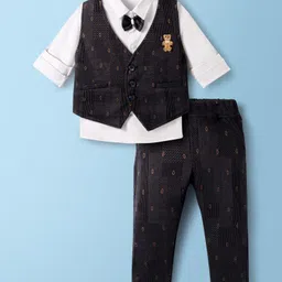Mini Taurus Sinker Knit Full Sleeves Three Piece Party Suit Set with Attached Bow & Teddy Embroidery - Black-picture-48
